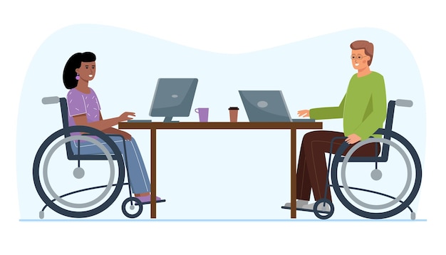  People in wheelchairs work in the office