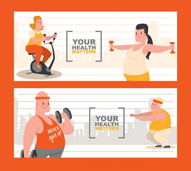 People with overweight doing exercises set ofs. your health matters. Premium Vector