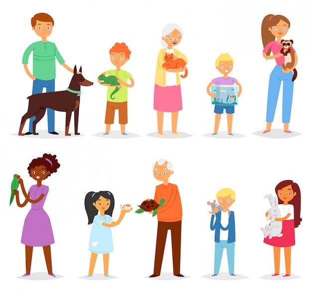 Premium Vector | People with pet woman or man and children playing with ...