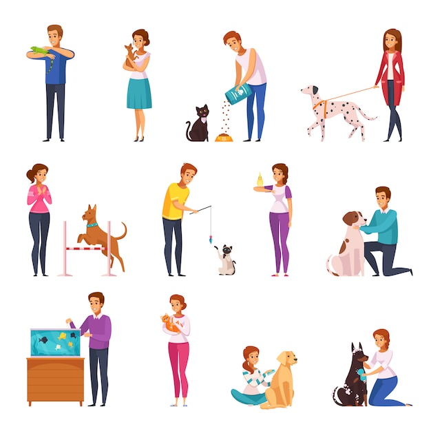 People with pets cartoon set | Free Vector