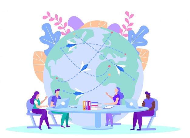People with source information on globe. distance learning. e-learning. online training. people sit at table with laptops. Premium Vector