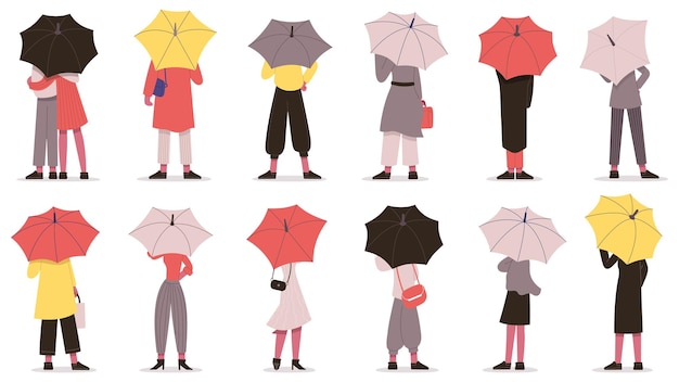 傘をさしている人 傘の背面図ベクトルイラストセットの下に隠れている秋の雨天日の文字 傘を持つ漫画の男と女 プレミアムベクター