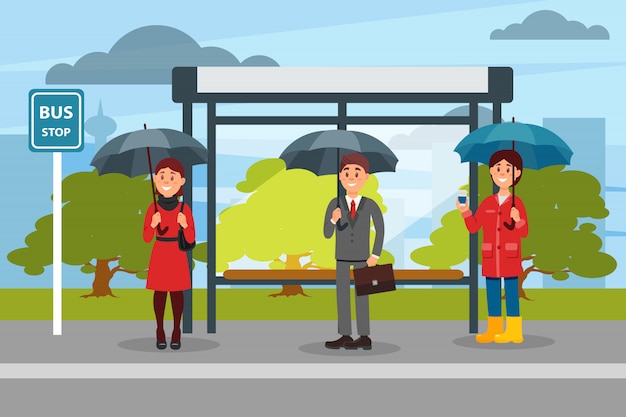 Premium Vector People With Umbrellas Waiting For Bus At The Bus Stop Ilustration 