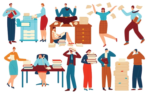 人々はオフィス紙ドキュメントベクトルイラストセットで動作します 机の上の紙フォルダーの山を扱う男性女性従業員の文字 プレミアムベクター