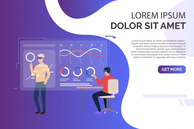 People working with charts on virtual screens and sample text Free Vector