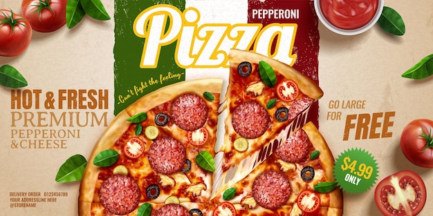 トマトとバジルの葉 クラフト紙イタリア国旗の背景にペパロニピザバナー広告 3dイラスト上面透視図 プレミアムベクター