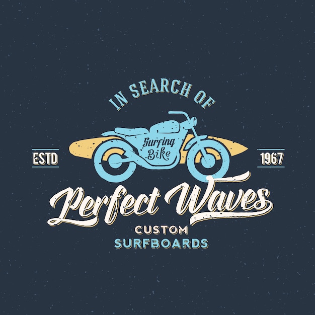 Premium Vector | Perfect waves bike with surfboard abstract retro label ...