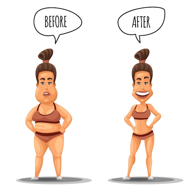 完璧な女性 減量の前後の女の子のイラスト 太りすぎの女性と完璧な体型の女性 無料のベクター