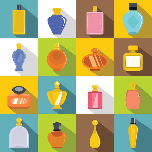 Perfume bottles icons set, flat style Premium Vector