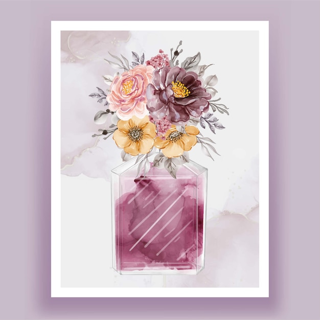 花ピンク紫ヴィンテージ水彩イラストと香水 プレミアムベクター
