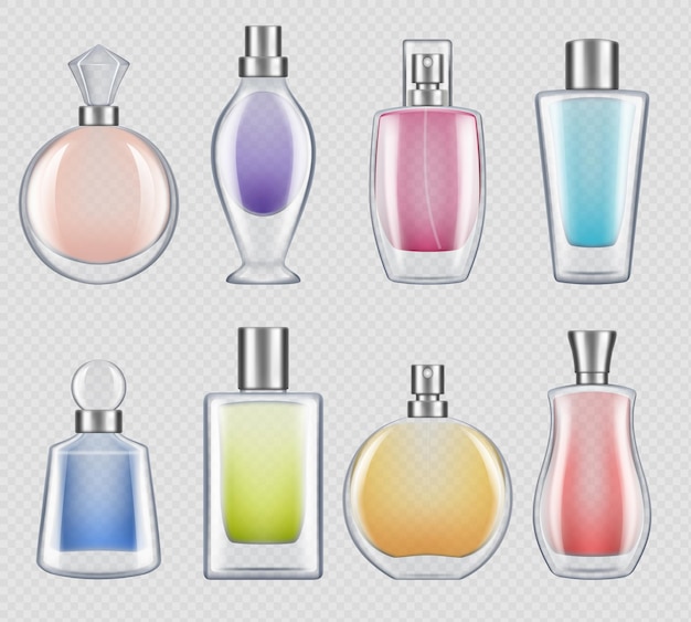 香水瓶 ガラス瓶のまともなベクトルモックアップコレクションの女性のための現実的な贅沢な良い香り 香水香りボトル 香りアロマコンテナイラスト プレミアムベクター