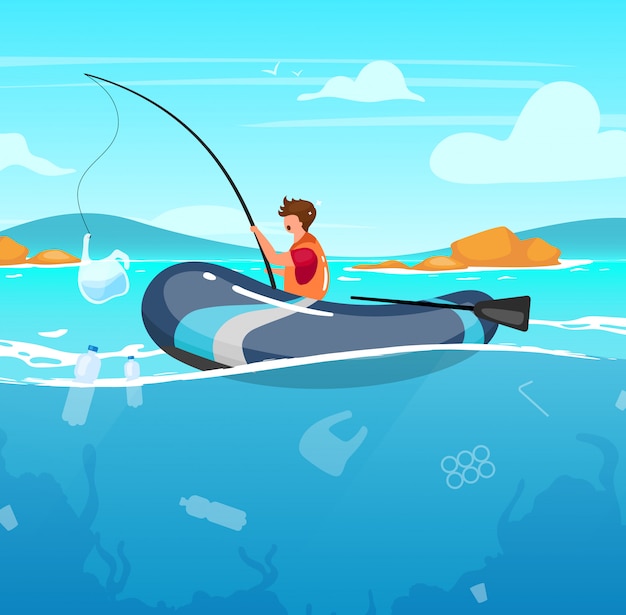 ゴミイラストいっぱい海で釣りをする人 水のジャンク 自然のダメージ 生態学的大災害 海洋汚染 ロッドの漫画のキャラクターのプラスチックパッケージを持つ漁師 プレミアムベクター