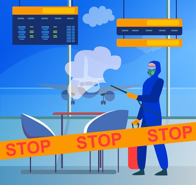 空港からウイルスを消毒する保護服を着た人 コロナウイルス 飛行機 フラットベクトル図を停止します パンデミックと予防 無料のベクター