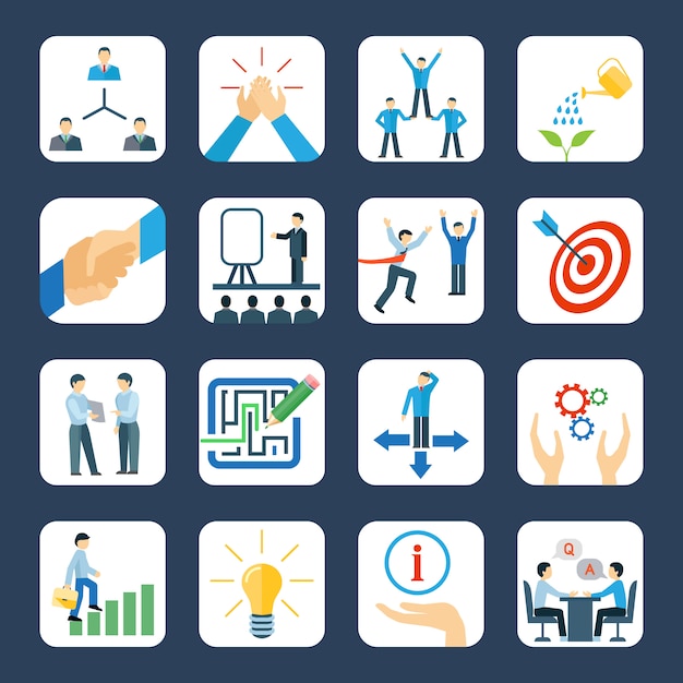 Personal development and teamwork mentoring business programs flat icons set Free Vector