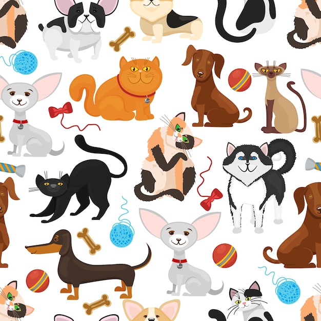 ペットの背景 犬と猫のシームレスなパターン ペットの子猫と子犬 おもちゃのイラストと血統ペット 無料のベクター