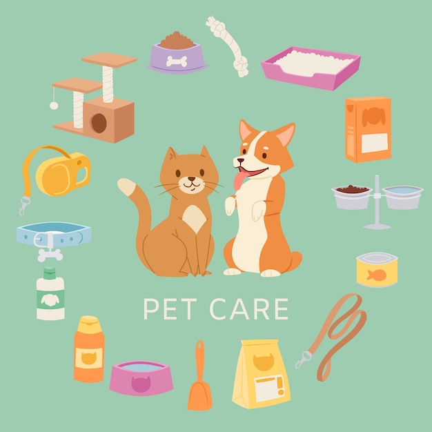 ペットショップのペットケアセットには おもちゃ 首輪 食べ物 猫と犬の漫画 ボウル シャンプーのイラストが含まれています プレミアムベクター