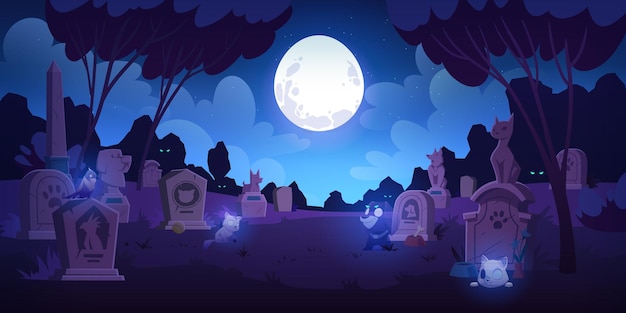 夜のペット墓地墓石のある動物の墓地暗い星空の漫画イラストで満月の下で写真と一緒にモニュメントの近くに猫犬と鳥の魂の墓墓 無料のベクター