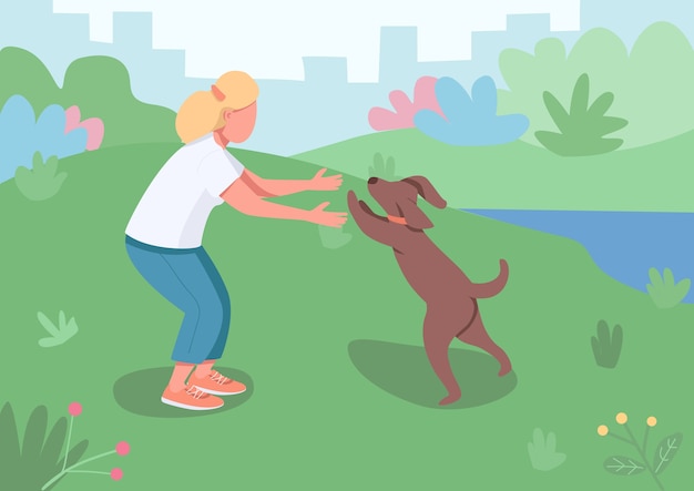 ペットの飼い主のカラーイラスト 大人の女性は公園の外の犬を散歩します 抱きしめるために走っている家畜 背景の風景と犬の漫画のキャラクターと遊ぶ女性 プレミアムベクター