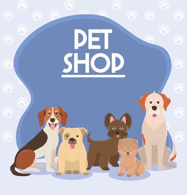 Premium Vector | Pet shop, different dogs animals domestic poster
