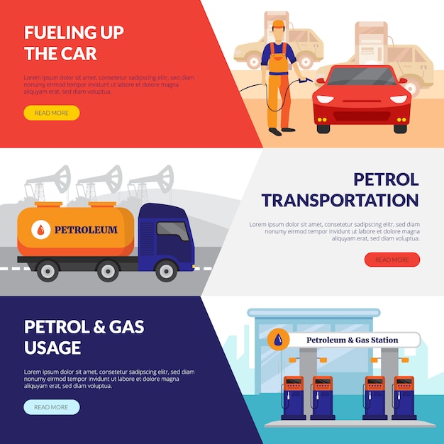 Petrol station horizontal banners set with gas usage symbols Free Vector