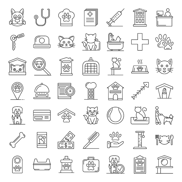 Pets hotel icons set, outline style Premium Vector