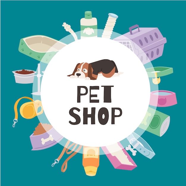ペットショップサークルバナーには かわいい子犬 猫と犬のケージ おもちゃ ペットフード ボウルのイラストが含まれています プレミアムベクター