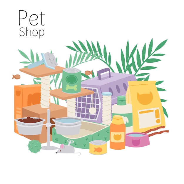 ペットショップのポスターには 猫と犬のケージ おもちゃ ペットフード ボウル 自家植物の葉のイラストが含まれています プレミアムベクター