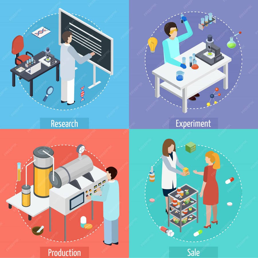 Free Vector | Pharmaceutical production 4 isometric icons