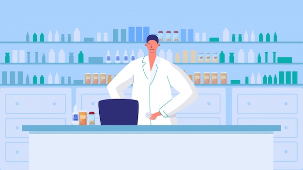 Premium Vector | Pharmacist in drugstore, man working in pharmacy, vector  illustration