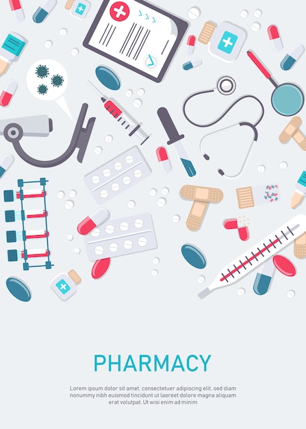 薬 薬 薬瓶と薬局フレーム ドラッグストアフラットイラスト 医学と医療のバナー コピー領域のポスターの背景 プレミアムベクター