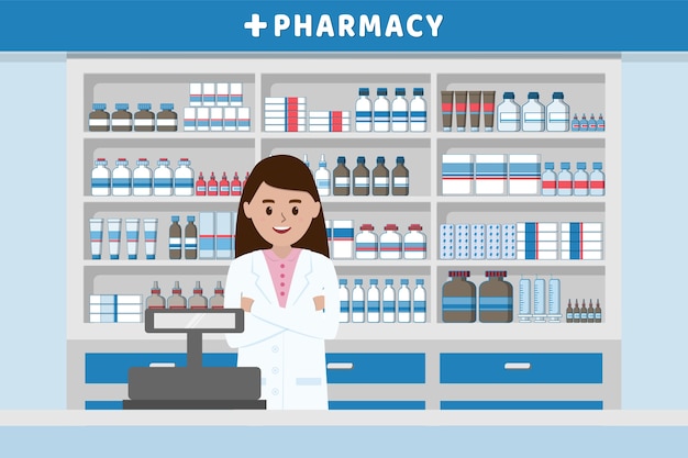Premium Vector | Pharmacy interior with drug shelves and cashier
