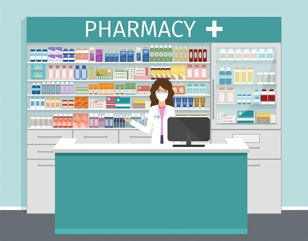 Premium Vector | Pharmacy store with pharmacist in medical mask ...