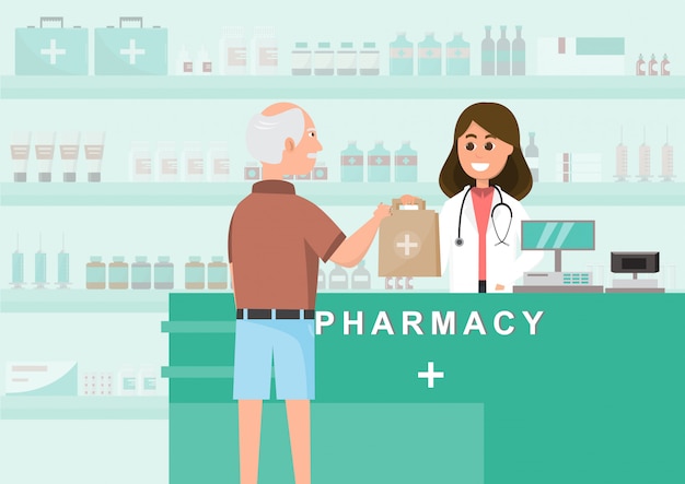 Premium Vector | Pharmacy with nurse in counter. drugstore cartoon ...