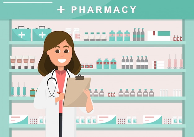 Premium Vector | Pharmacy With Nurse In Counter