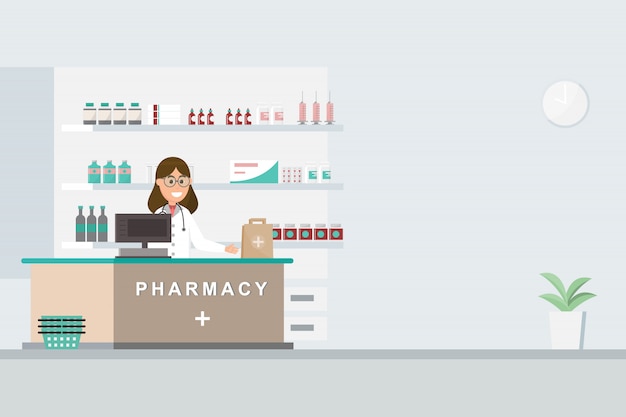 Premium Vector | Pharmacy With Nurse In Counter