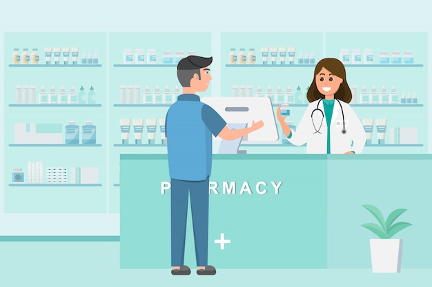 Pharmacy With Nurse In Counter Vector | Premium Download