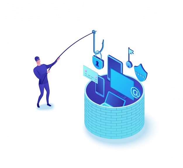 Phishing attack concept, data theft 3d isometric vector illustration, man fishing information Premium Vector