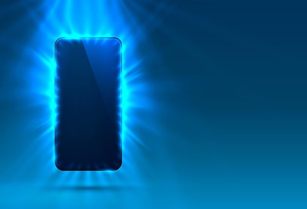 Premium Vector | Phone in bright blue color, rays of light in the ...