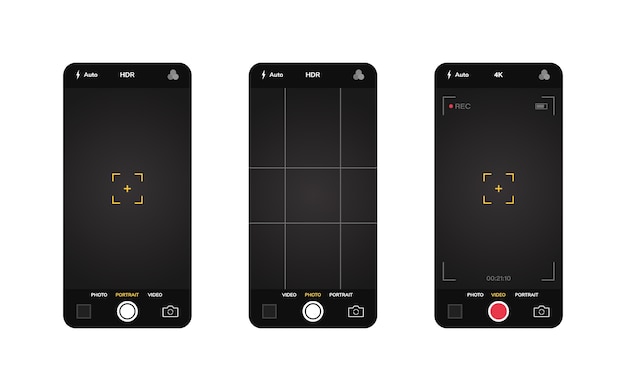 電話カメラインターフェイス モバイルアプリアプリケーション 写真とビデオの撮影 イラストグラフィック プレミアムベクター