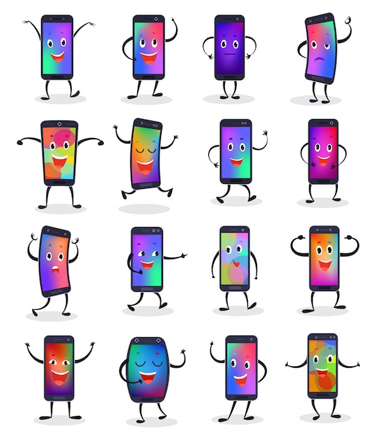 Phone emojji vector smartphone emoticon character and mobilephone or cellphone expression Premium Ve