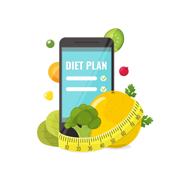 Phone with app of diet plan, vegetables and measuring tape Premium Vector