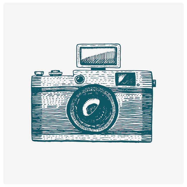 写真カメラヴィンテージ スケッチや木のカットスタイル 古い探しているレトロなレンズ リアルなイラストで描かれた刻まれた手 プレミアムベクター