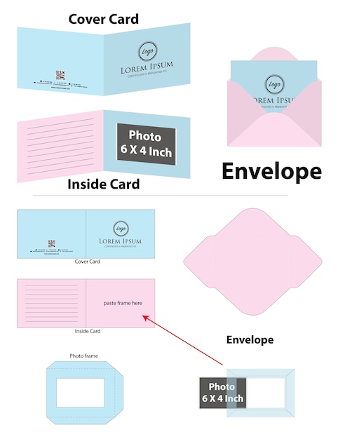 Photo frame card with envelope dieline mockup Premium Vector