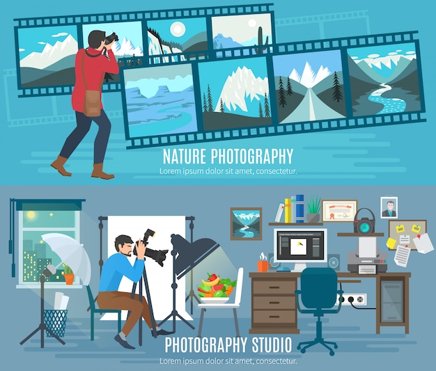 Free Vector Photographer Horizontal Banner Set With Photography Studio Flat Elements