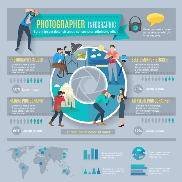 Photographer infographics set with people with\
photo cameras and charts