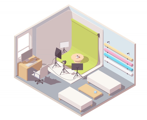 Photographer studio with backdrop, camera on the tripod, lighting equipment and desk with computer Premium Vector