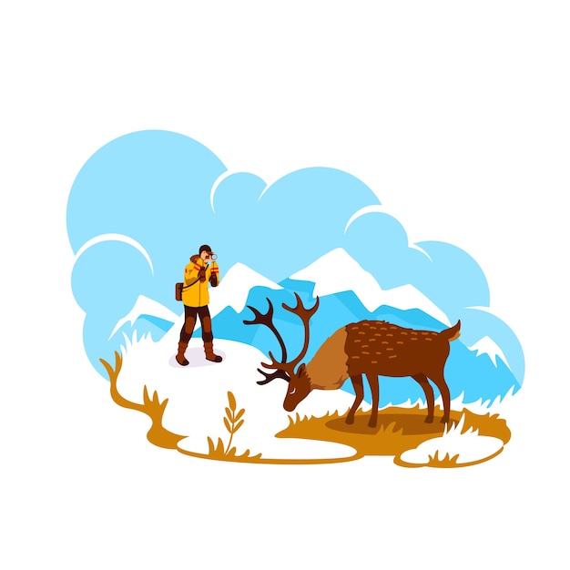 アラスカの写真2dwebバナー ポスター 山頂の鹿 漫画の背景に野生動物写真家フラットキャラクター エルクの自然生息地の印刷可能なパッチ カラフルなウェブ要素 プレミアムベクター