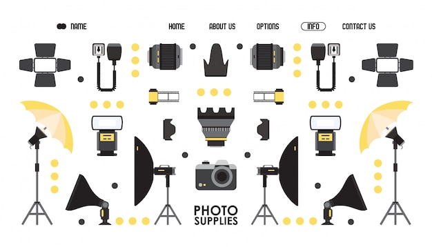 写真供給のウェブサイトのデザイン イラスト プロの写真機器オンラインショップ ランディングページテンプレート フラットスタイルのカメラとレンズの分離アイコン プレミアムベクター