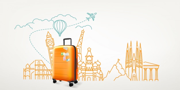 Photoreal suitcase with different travel destination elements. world travel vector concept Premium Vector