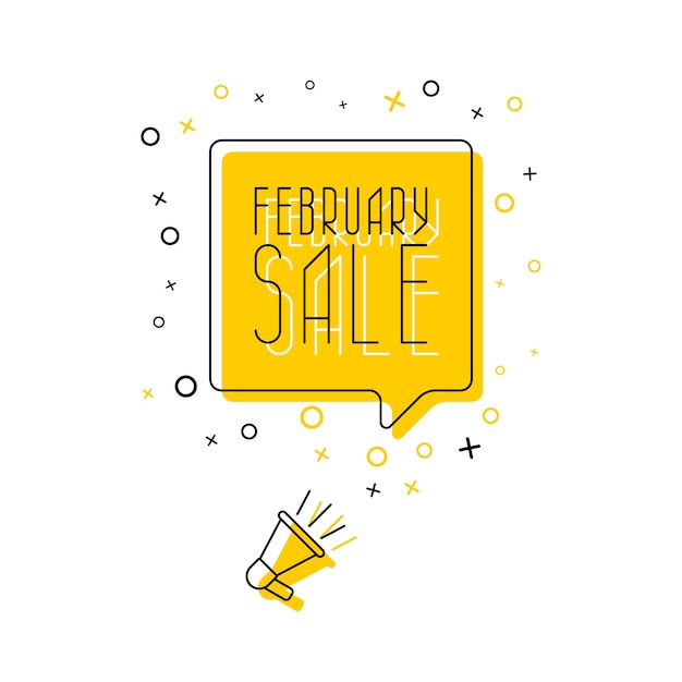黄色の吹き出しと白い背景のメガホンでフレーズ 2月の販売 平らな細い線 現代のバナービジネス マーケティング プレミアムベクター
